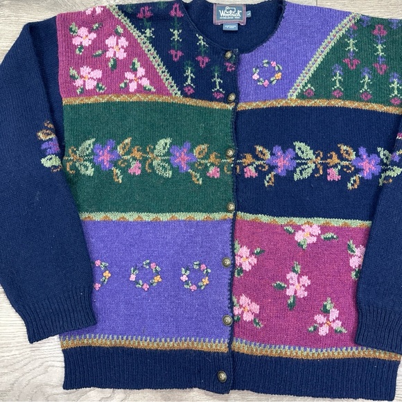 Woolrich Womens Knit Cardigan Wool Sweater Floral Buttons Long Sleeve Sz Large - Picture 5 of 12